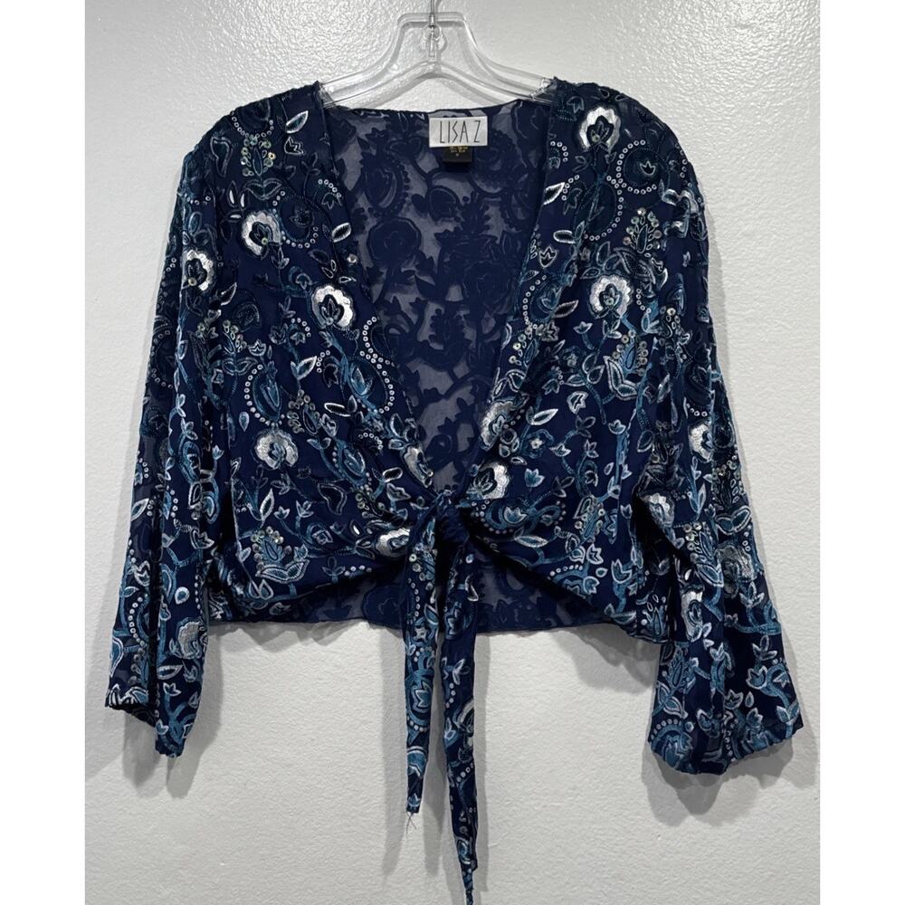 Lisa Z Blue Burnout Velvet Crop Floral Top Sequin Fairy‎ Embellished Wrap Small